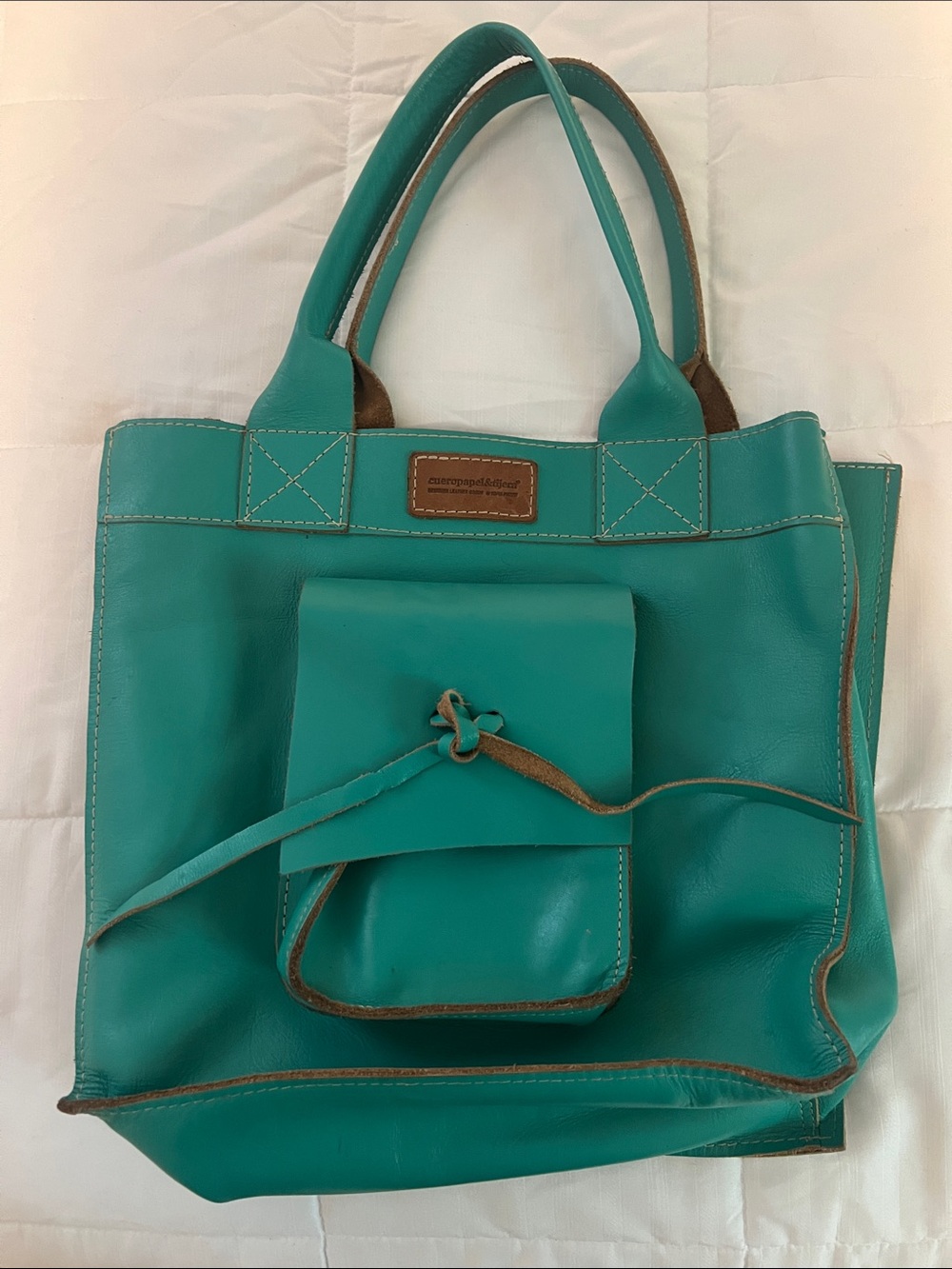 Teal Leather Tote Bag with Front Pocket - Women Bags